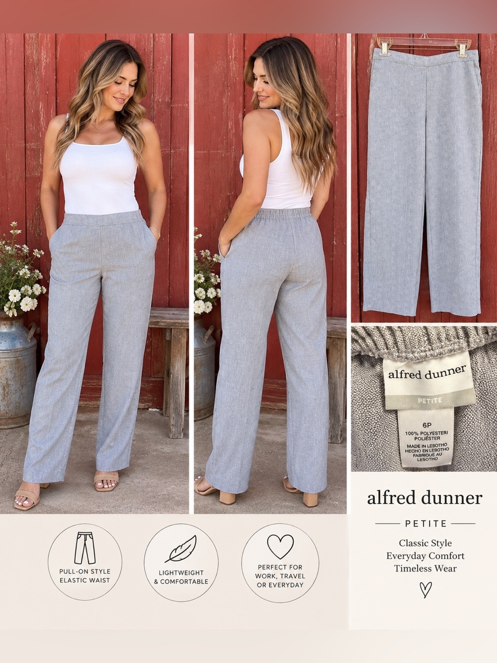 Alfred Dunner Petite 6P Gray Pull On Straight Leg Dress Pants Elastic Waist
